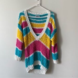 Kiss Oversized Chunky Knit Plunge Neck Pullover Sweater Multi-Colour